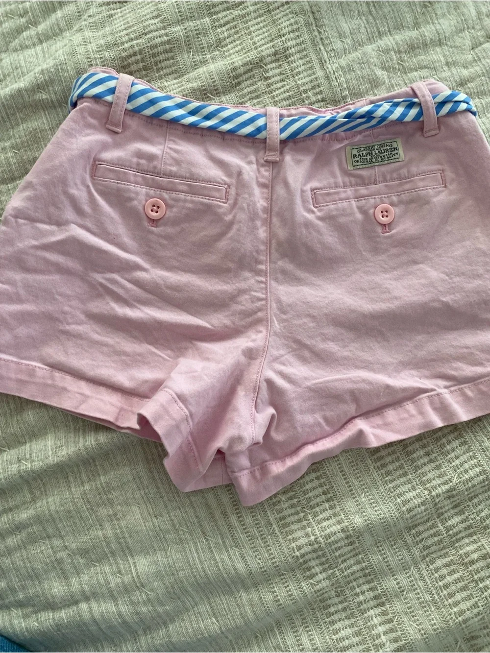 Ralph Lauren Pink Cotton Chino High-Waist Shorts with Blue Stripe Tie